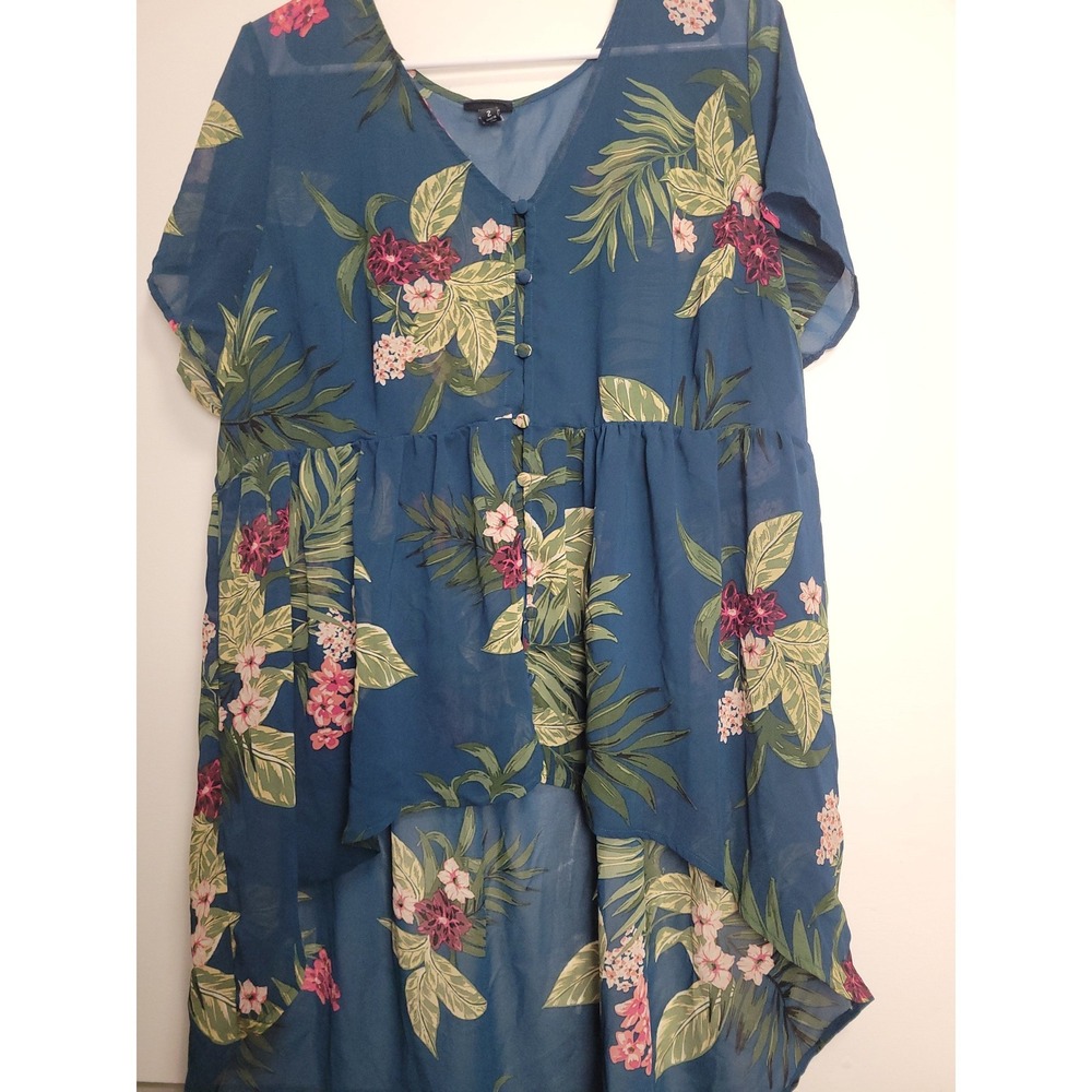 Torrid Teal Blue Floral Chiffon High Low Button Front Blouse Top Plus Size 2